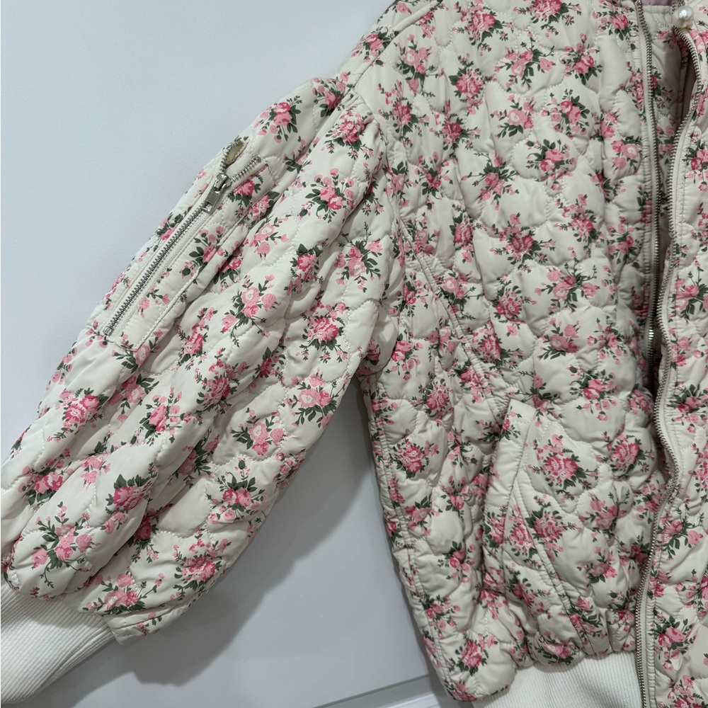 Quilted Floral Bomber Jacket - Pink on Cream - Picture 3 of 16